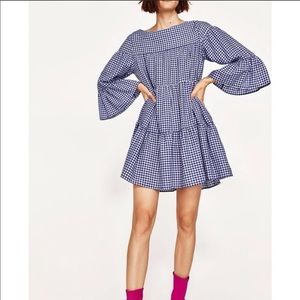 Zara Blue Gingham Tiered Dress M
